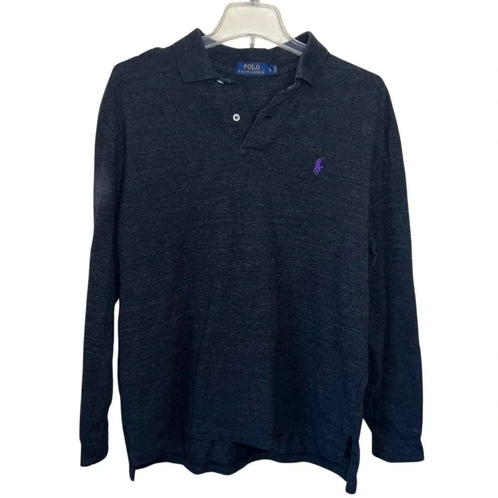 Polo Ralph Lauren Mens Long Sleeved Polo Shirt  Charcoal Heather Cotton Size Lg